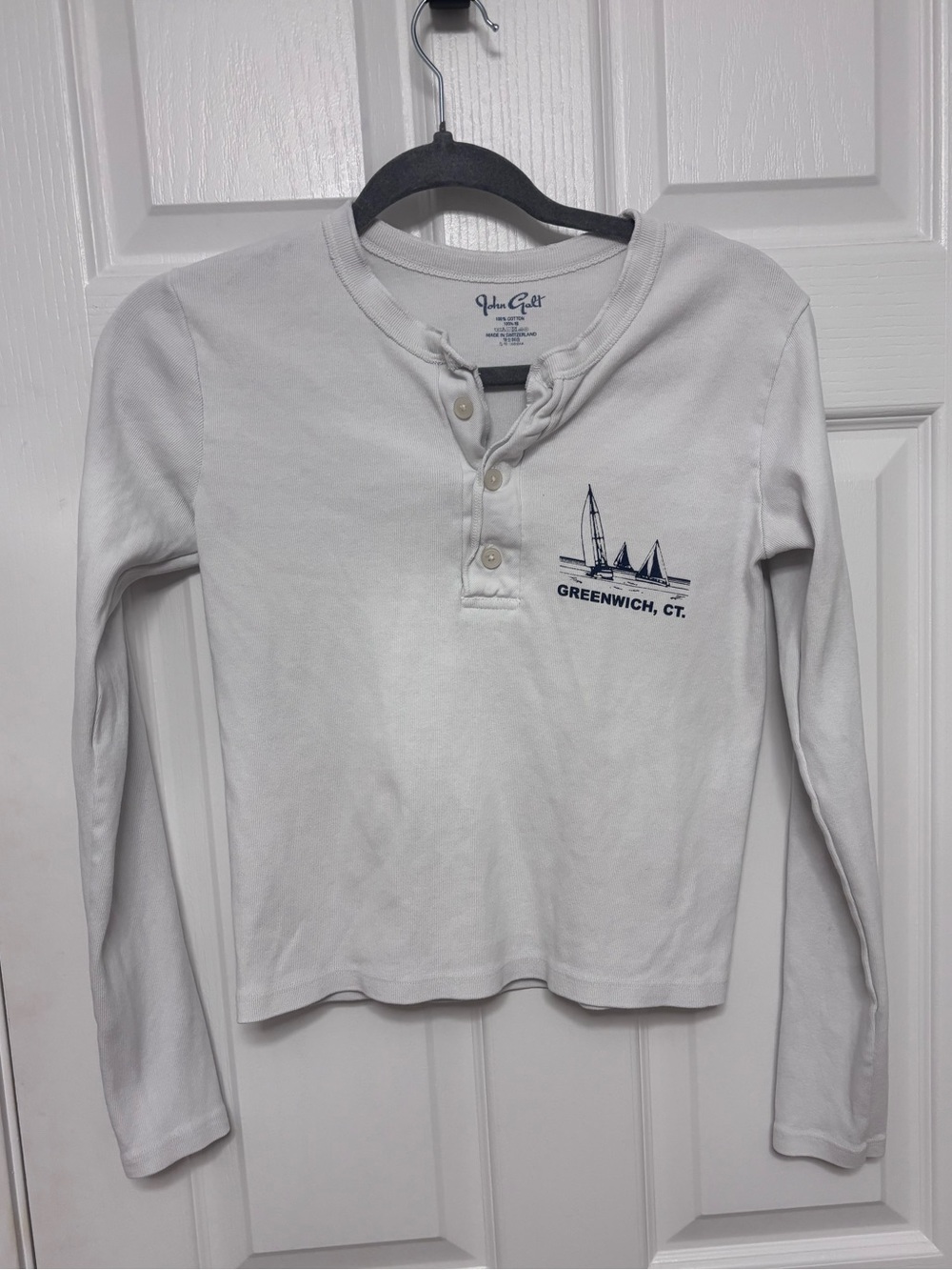 Brandy Melville White Long-Sleeve Henley with Nautical Embroidery